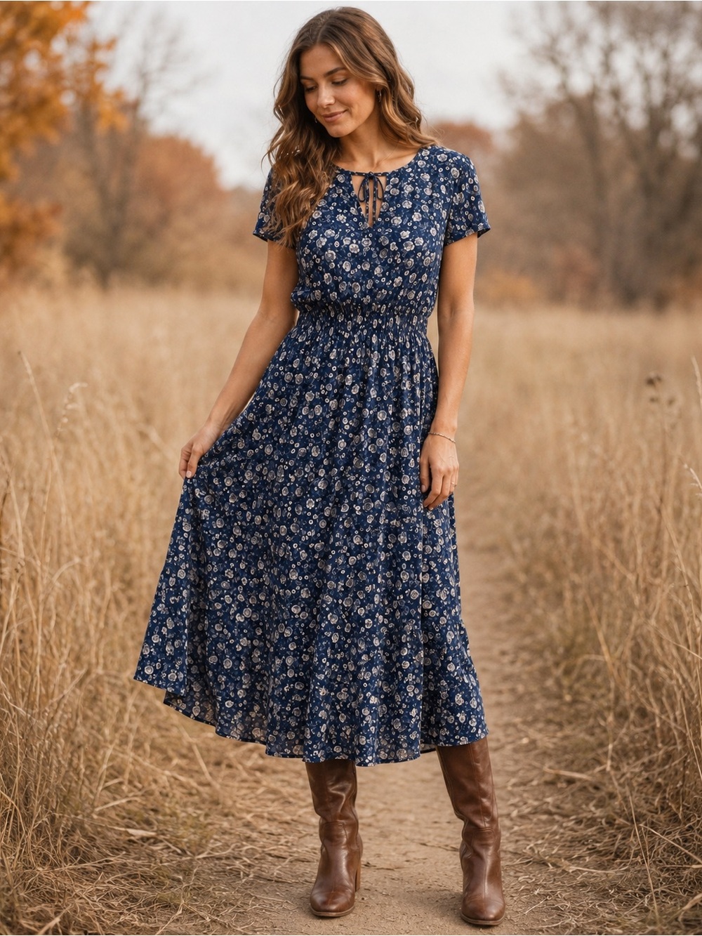Lucky Brand Navy Floral Tie-Neck Midi Dress